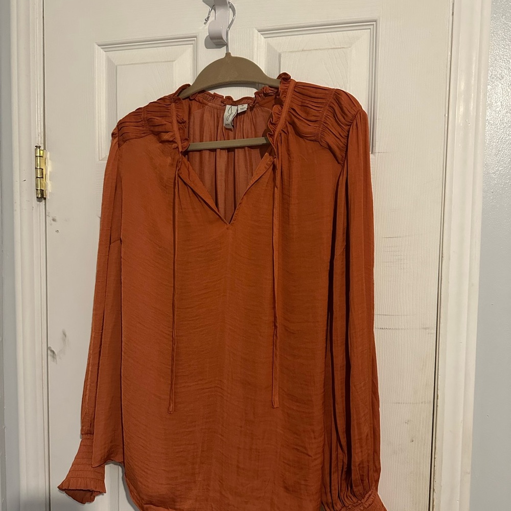 Joie Rust Ruffle V-Neck Long Sleeve 100% Polyester Blouse 1X Plus Size